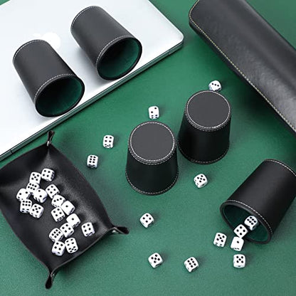 PU Leather Dice Cup Set with 5 Leather Dice Cups+25 Dice Velvet Interior Quiet in Shaking for Liars Dice Farkle Yahtzee