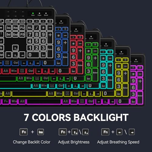 MARVO Large Print Backlit Keyboard, WK712 Wired Computer Keyboards with 7 Colors & 11 Modes Backlight, Tablet Phone Holder and Quiet Light Up Keys, Full-Size Gaming Keyboard for Windows, Mac