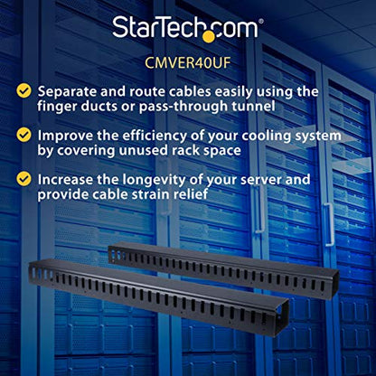 StarTech 40U Vertical Cable Manager, Finger Ducts, 2-Pack 3ft (CMVER40UF) | 2-pack 20U vertical cable organizer panels, Rack-mount cable raceway, Finger ducts, 2x 3ft (91cm) wire organizers, 19in rack - style: 40 U | Vertical