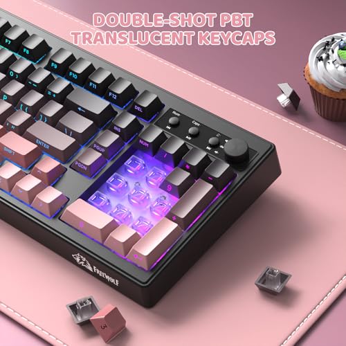 FREEWOLF K100 99 Keys Gaming Creamy Silent Wireless Keyboard with Media Knob,BT/2.4GHz/USB-C,Side Printed Keys RGB Backlit Number Pad,Retro Cute Membrane Computer Keyboard for PC/MAC-Gradient Pink - color: Gradient Pink
