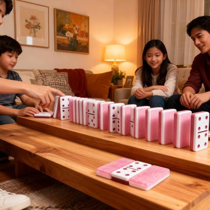 IDTQ Dominoes Set for Adults, Double 6 Dominos Game Set with 28 Domino Tiles Double with Upscale Gift Boxes -7 Polyhedral Dice -Classic Board Games (Light Pink) - color: Light Pink