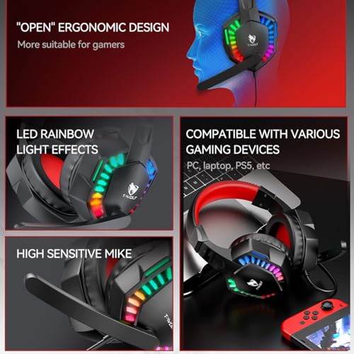 Stereo Gaming Headset for PS4 PC Xbox One PS5 Controller, Noise Cancelling Over Ear Headphones with Mic, LED Light, 7.1 Surround Sound, Soft Memory Earmuffs for Nintendo Xbox Series
