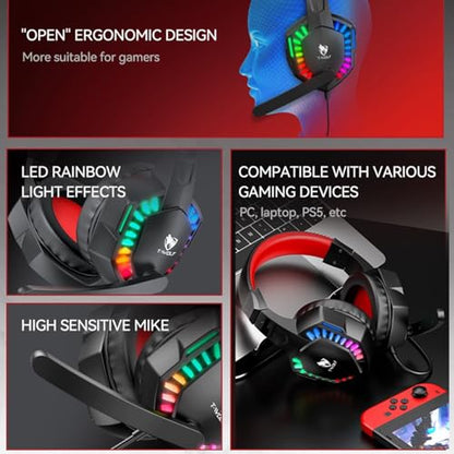 Stereo Gaming Headset for PS4 PC Xbox One PS5 Controller, Noise Cancelling Over Ear Headphones with Mic, LED Light, 7.1 Surround Sound, Soft Memory Earmuffs for Nintendo Xbox Series