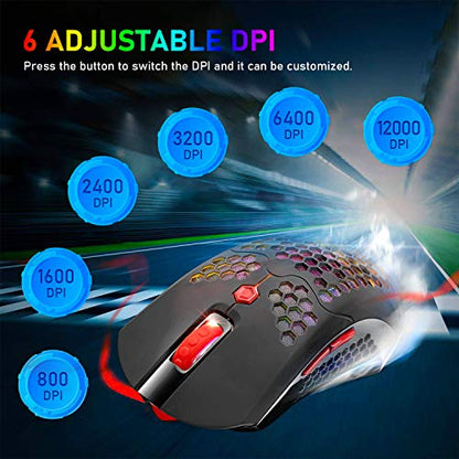 ZIYOU LANG Wired/Wireless Lightweight Gaming Mouse,16 RGB Backlit Mice with 7 Buttons Programmable Driver,PAW3325 12000DPI,Rechargeable 800mA Battery,Lightweight Honeycomb Shell Mouse for PC Gamer - color: Black Red