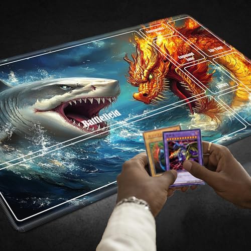 MTG Playmat with Zones, TCG Card Game Play Mat with Stitched Edges, Non-Slip Rubber Base Gaming Desk Mat, Smooth Surface 24 x 14 Inch, Dragon and White Shark - color: Dragon and White Shark, size: Zone 1