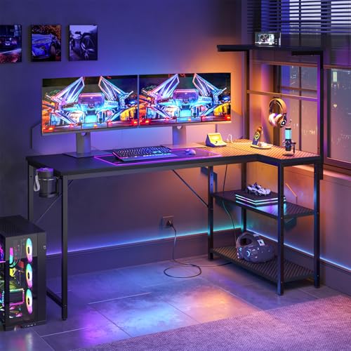 52" L-Shaped Gaming Desk with Power Outlets LED Lights, Black | Reversible Design, LED Lights, 4-Tier Storage Shelves, Headphone Hook, Foldable Cup Holder, Computer Desk, Home Office - color: Black, size: 52 Inch