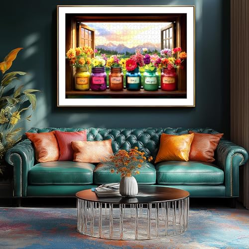 Christian Puzzles for Adults 500 Pieces, Bible Jesus Puzzle with Inspirational Verses, Religious Jigsaw Puzzles 500 Pieces for Seniors Family Game Night, Include Poster & A-F Letter Back, 23"x15" - color: Flowers Jars 500