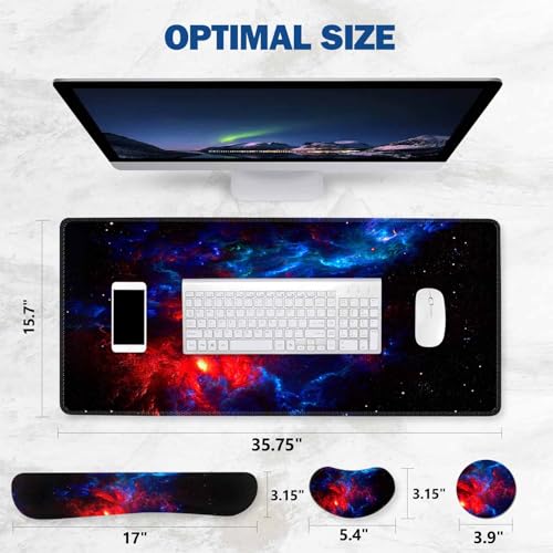 ToLuLu Extended Gaming Mouse Pad, Memory Foam Ergonomic Keyboard Mouse Wrist Rest Support Set, Large Desk Mat with Stitched Edges, Non-Slip Base Mousepad for Home Office and Game, Blue Red Galaxy - color: Blue Red Galaxy