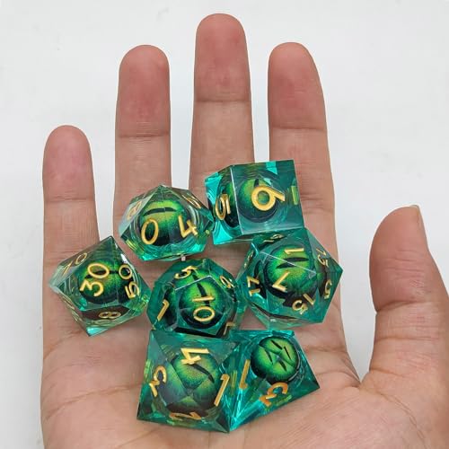 Dragon Eye DND Dice Set, 7 Pcs Liquid Core Resin Sharp Edged Polyhedral D&D Dice for Dungeons and Dragons RPG Role Playing Table Games