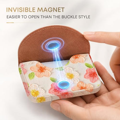 Business Card Holder，PU Leather Business Card Case Wallet Flowers | Pocket Travel Name Card Case for Men and Women Gift，Portable Magnetic Business Card Carrier for Purse - color: Flowers