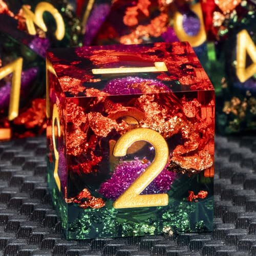 ARUOHHA Liquid Core DND Dice Set, 7pcs Resin Sharp Edged Dragons Dice Compatible with D&D Role Playing Games, RPG Golden Numbers Orange Green Dungeons Polyhedral D and D Dice with Gift Box D20 D10 D6 - color: Shiny-orange Green