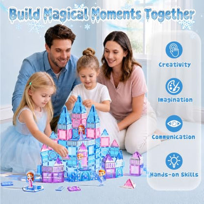 GobiDex 100PCS Magnetic Tiles Princess Castle Building Set with 4 Dolls | Princess Magnetic Blocks Building Toys for Kids Ages 4-8, Colorful Magnetic STEM Toys, 3 4 5 6 Year Old Girl Birthday Gifts