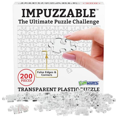 Funwares ImPuzzable Clear Acrylic Puzzle, 200 Pieces, Impossible Jigsaw | False Edges & Corners, Double-Sided Crystal-Clear Pieces, Insanely Hard Brain Teaser, Gag Gift & White Elephant Champ - size: 200 Pieces