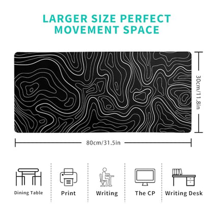 Topographic Contour Black Gaming Mouse Pad XL Geographic Map Lines Extended Big Large Desk Mat Non-Slip Rubber Base Stitched Edge Long Keyboard Mousepad for PC Computer Laptop,31.5x11.8 Inch - color: Black Topographic Contour