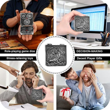7-in-1 DND Pocket Spinner Dice Set, Foldable Flip Dice with Delicate Dragon Iron Box, Compact Dice Set for DND Role-Playing Games Fans (Silver) - color: Silver