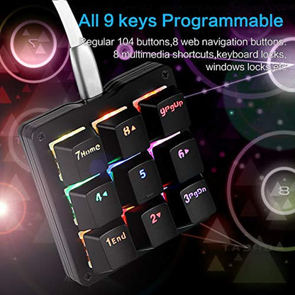 Koolertron One Handed Macro Mechanical Keyboard, RGB LED Backlit Portable Mini One-Handed Mechanical Gaming Keypad OSU! Keyboard 9 Fully Programmable Keys Red Switches - color: Black/Red Switches