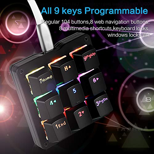 Koolertron One Handed Macro Mechanical Keyboard, RGB LED Backlit Portable Mini One-Handed Mechanical Gaming Keypad OSU! Keyboard 9 Fully Programmable Keys Blue Switches - color: Black/Blue Switches