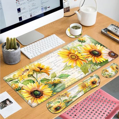 Large Gaming Mouse Pad+ Keyboard Wrist Rest Set, Ergonomics Memory Foam Mouse Mat Wrist Rest Support for Home Office, Waterproof Extended Mousepad 31.5x11.8in, Sunflower White Desk Pad - color: Yvb-mousepad-9-f-161