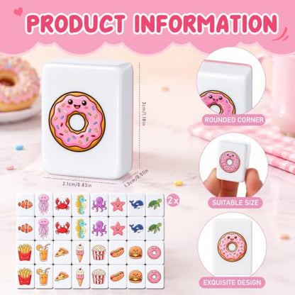 Capoda 2 Players Mahjong Block Set with 65 Tiles Pink Melamine Tiles Velvet Drawstring Bag and 2 Acrylic Dice Portable Mahjong Tile Game Ocean Animals and Food Pattern for Summer Travel Family Game - style: Animal and Food