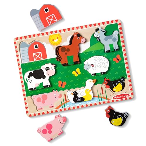 Melissa & Doug Farm Wooden Chunky Puzzle (8 pcs) - FSC Certified | 8 Chunky Wooden Pieces, Stand-Up Farm Animals and Barn, Motor Skill Building Puzzle Play, Toddler Toys for Kids, Ages 2+ - size: 11.95 x 8.95 x 1.0, style: Farm