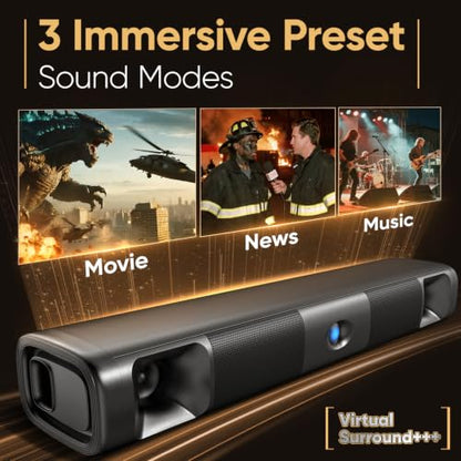 Saiyin 60W Bluetooth Sound Bar for Smart TV, TV-ARC/Optical/AUX | Clear Voice&Dual Bass Drivers, Virtual Surround Sound System, For TV/PC/Gaming/Projectors, 17 inch, Wall Mountable
