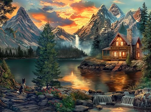 1000 Piece Jigsaw Puzzle for Adults - Mountain Cabin by a Lake - Challenging Puzzle Perfect for Game Nights - Suitable for Tabletop, puzzleboard or Floor - 20x27 Inches - color: Evening Tranquility