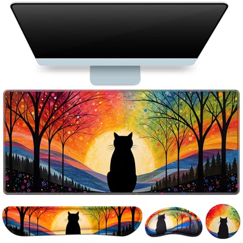Mouse Pad with Wrist Rest Black Cat, 4-in-1 Large Mousepad+Keyboard Wrist Rest+Mouse Pad Wrist Support+Cup Pad Set,Ergonomic Mousepad,Memory Foam Desk Mat for Home Office Gaming(35.4×15.7in) - color: Lonely Cat