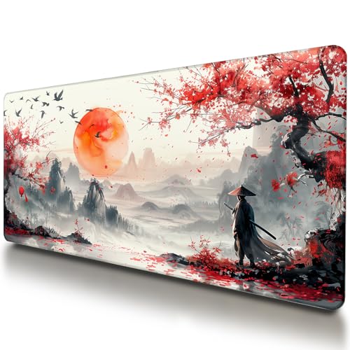 Large Japanese Gaming Mouse Pad, White and Red, Premium Non-Slip Anime Desk Pad for Office, Extended XL XXL Mouse Mat and Laptop Pad, Waterproof and Stiched Edges 31.5 x 15.7 in (sam1) - color: White, Red