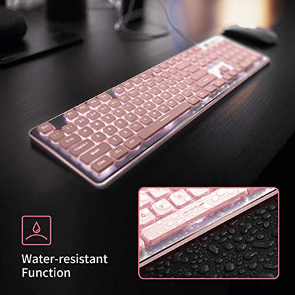 LANGTU Computer Keyboard, Backlit LED Pink for Office, All-Metal Panel USB Wired Membrane, 25 Keys Anti-ghosting, 104 Keys Laptop Compatible
