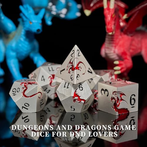 Metal Dragon DND Dice Set,7-Piece Polyhedral Dice,Silver Red | Heavy zinc alloy polyhedral dragon dice with easy-to-read numbers and a magnetic gift box for fantasy tabletop RPG games. - color: Matte Silver With Red