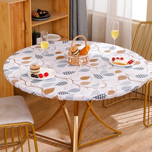 Walrus Round Vinyl Fitted Tablecloth with Flannel Backing Elastic Edge Design Table Cover Waterproof Oil-Proof PVC Table Cloth Stain-Resistant Best for 45"-56" Round - color: Branches, size: 56" (Round)