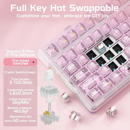AULA F98 Pro V3 Wireless Mechanical Keyboard with Screen & Knob,Hot Swappable Pink Gaming Keyboard,Clear Keycap RGB Backlit Gasket Mount Creamy Keyboards with Number Pad for Office PC,10000mAh Battery - color: Pink