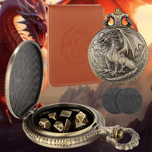 Mini D&D Dice Set with Steampunk Red Dragon Pocket Watch Shell Case, Tiny 7pcs Polyhedral Metal DND Dice, Gift Set with Leather Bag, RPG Accessories, DND Starter Set, Bronze - color: Red Dragon
