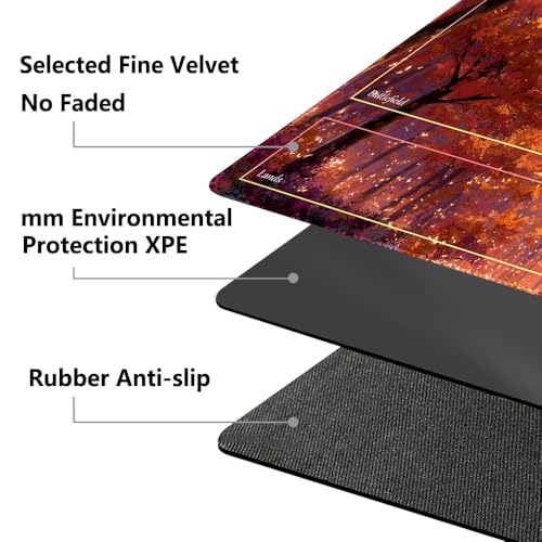 MTG Playmat 24x14 Inch | Optional Game Zone Layout | Non-Slip Rubber Base | Stitched Edges | Includes Free Storage Bag | for TCG, Board Games, and Desk Use(Amberfall,with Zone) - color: Amberfall, style: With zone