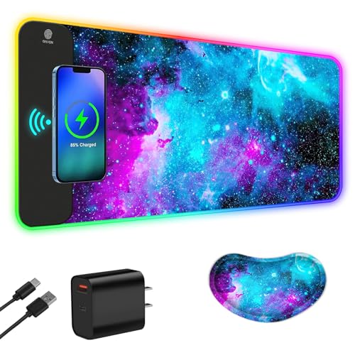 ToLuLu Wireless Charging RGB Gaming Mouse Pad,15W LED 30W Charger Mouse Mat | 14 Light Modes Large Mousepad with Wrist Support, Non-Slip Rubber Base Desk Mat Computer Keyboard Pad, Galaxy Nebula - color: Galaxy Nebula Space
