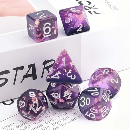 Haxtec DND Dice Set, 7 Pcs Gold Foil Resin Polyhedral Dice for Table Game | Dark Purple D&D Dice for Role Playing Games with Velvet Pouch, Compatible with Dungeons and Dragons, Gifts for DM Masters - color: Purple Black