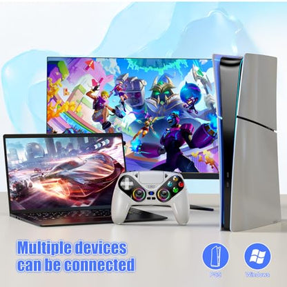 Gamrombo LED Wireless Controller for PS5, Compatible with PS5 Pro/Slim/PC, Dual Vibration, Macro/Turbo Function, 3.5mm Audio Jack, 6-Axis Motion Control Gamepad with Speaker(White) - color: White
