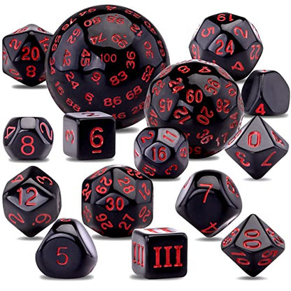 AUSTOR 15 Pieces Complete Polyhedral Dice Set D3-D100 Game Dice Set with a Leather Drawstring Storage Bag for Role Playing Table Games(Black & Red) - color: Black & Red