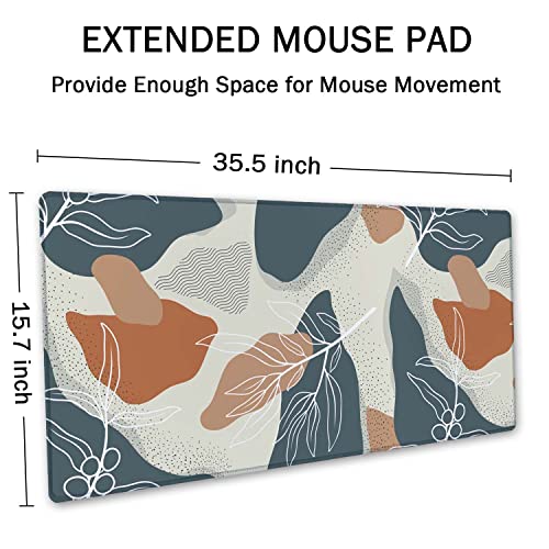 SSOIU Extended Gaming Mouse Pad (35.5x15.7 in), Large Stable Rubber Base Mousepad with Stitched Edges, Keyboard Mouse Mat Desk Pad for Work, Game, Office, Home - Abstract Flowers and Leave - color: Abstract Flowers and Leave