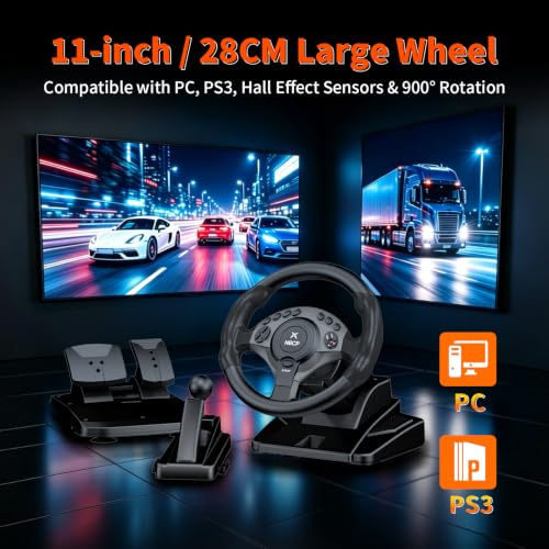 NBCP PC Racing Wheel, 900 Degree Gaming Steering Wheel with Pedals, 11" Large Wheel for Truck Simulator & Racing Games, Height Adjustable Sim Wheel Compatible with PC, PS3 - Black