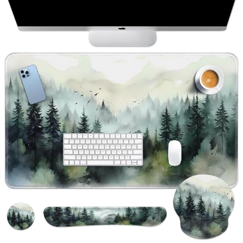 Britimes Green Ink Style Mountain Forest Keyboard Mouse Pad Set 4in1 Large Mousepad+Keyboard Wrist Rest+Mouse Wrist Rest+Coaster Set with Ergonomic Design for Home Office Computer 35.4x15.7 inches - color: Ink Style Mountain Forest