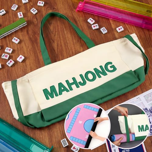 Abbylike 28x9 Inches Mahjong Bag for Rolled Mat Tiles Racks Pushers Accessories Empty Mahjong Tote Bag with Zipper Closure Outer Pockets Lining Large Capacity(Beige&Green,Canvas) - color: Beige&green