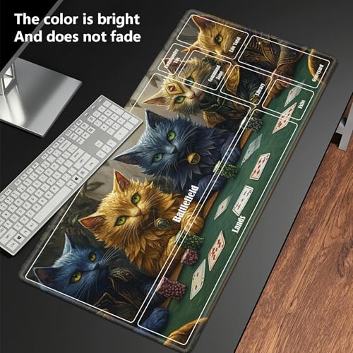 MTG Playmat with Zones, TCG Card Game Play Mat with Stitched Edges, Non-Slip Rubber Base Gaming Desk Mat, Smooth Surface 24 x 14 Inch, Cats Play Poker - color: Cats Play Poker, size: Zone 1