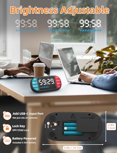 Digital Kitchen Visual Timer: 3.6'' Large LED Display, Magnetic, 3 Brightness, 4 Alarms and Volume, Memory Function, Countdown Count up for Cooking, Classroom, Home Gym, AAA Battery Included - color: Black