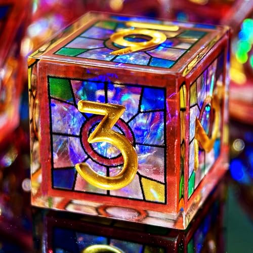 HAOMEJA Double Layered Resin Dice Set 7pcs/ Stained Glass Effect & Gold Numbers/Sharp Edged Polyhedral Dice/Apply to D&D/DND/Role Playing Game/RPG/Party Gift (Red Sky) - color: 1 Red Sky