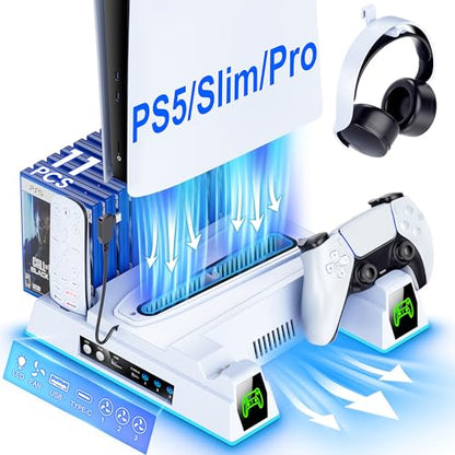 KICKDOT PS5 Cooling Station & Stand with Dual Controller Charger, 3-Level Turbo Fan for PS5/Pro/Slim – Includes Game Storage, RGB Lights | PS5 Accessories - size: M-for PS5/Slim/Pro