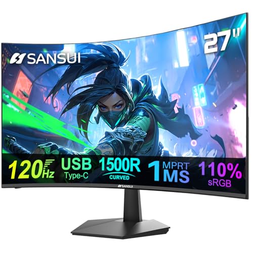 SANSUI Curved Monitor 27 inch 120Hz USB Type-C Computer Monitor with Speakers Built in丨FHD 1080p丨HDR丨110% sRGB丨1500R丨VESA Compatible,for Tablet,Desktop,Laptop and PC Work Gaming - size: 27.001
