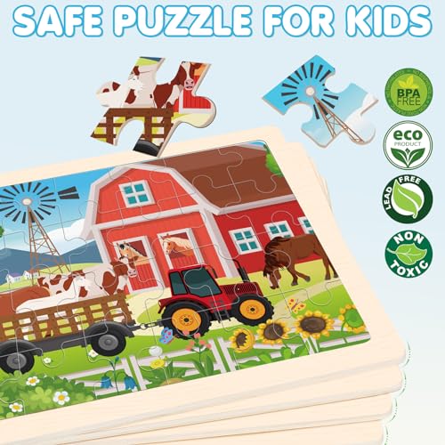 4-in-1 Farm Wooden Puzzles for Kids Ages 4-6, 24 PCS Wooden Jigsaw Puzzles for Toddlers Ages 3-5, Preschool Educational Puzzles Boards Toys Gifts for 3 4 5 6 Boys Girls - style: Farm