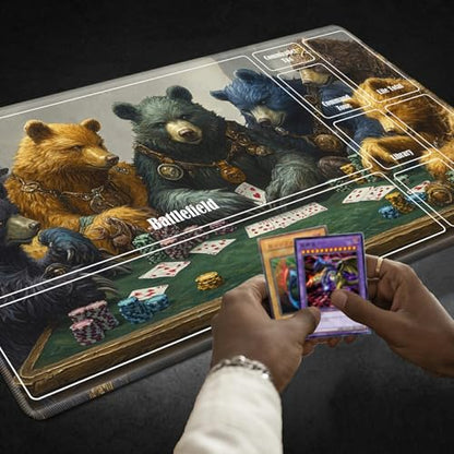 MTG Playmat with Zones, TCG Card Game Play Mat with Stitched Edges, Non-Slip Rubber Base Gaming Desk Mat, Smooth Surface 24 x 14 Inch, Bears Play Poker - color: Bears Play Poker, size: Zone 1