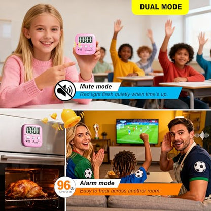 2 Pack Digital Timer for Kids Classroom Kitchen Timers for Cooking | w/ Battery, Easy to View, Alarm, Mute Mode, Count Down/Up, Magnetic, Kickstand, Hanging, Classroom Timer for Teacher Supplies - color: Relaxing Pink